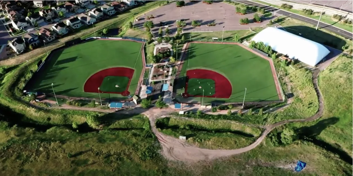 Aerial view of Double Angel Fields' two lighted turf fields